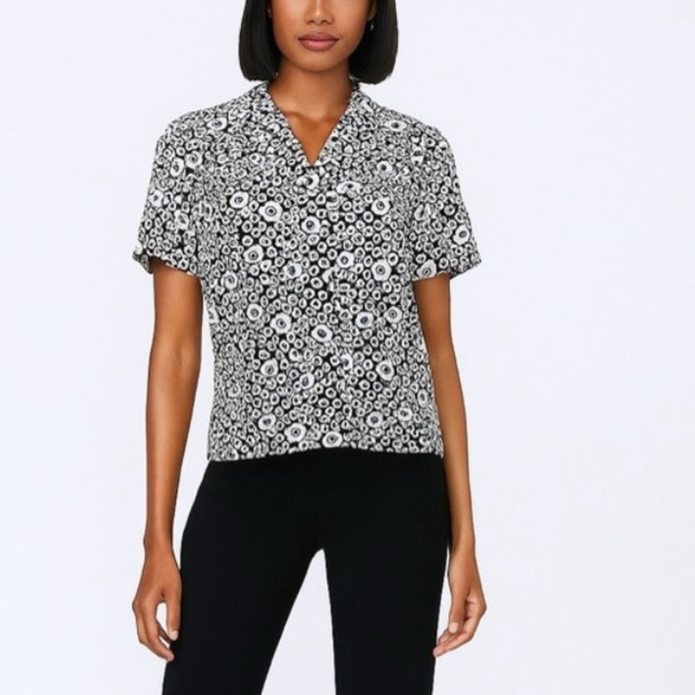 Impressions Black & Tan Button-Up Blouse Short Sleeve Concentric Circle Pattern